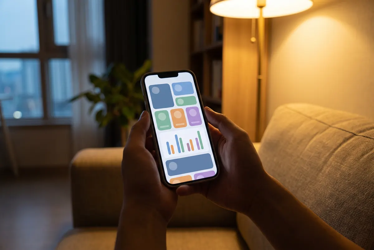 Hands holding a smartphone with a mobile banking app at home