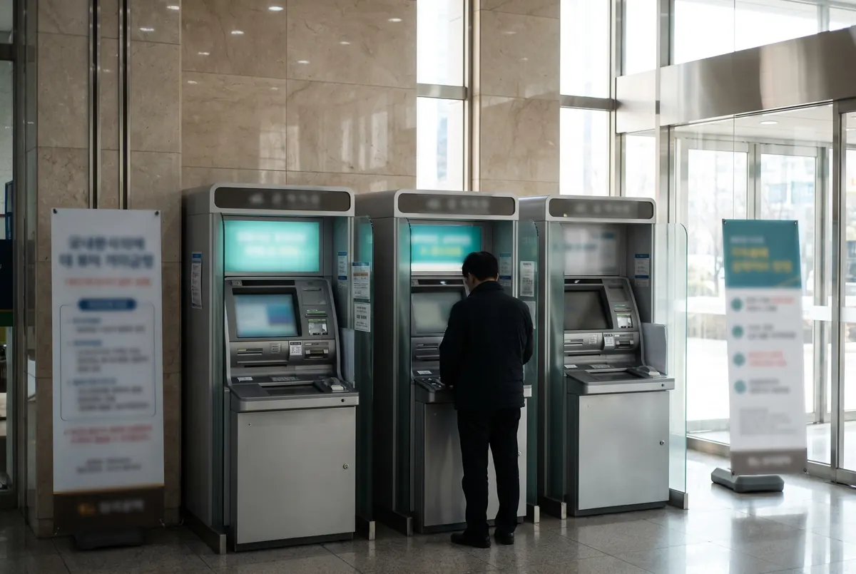 Row of ATMs in a Korean bank branch lobby