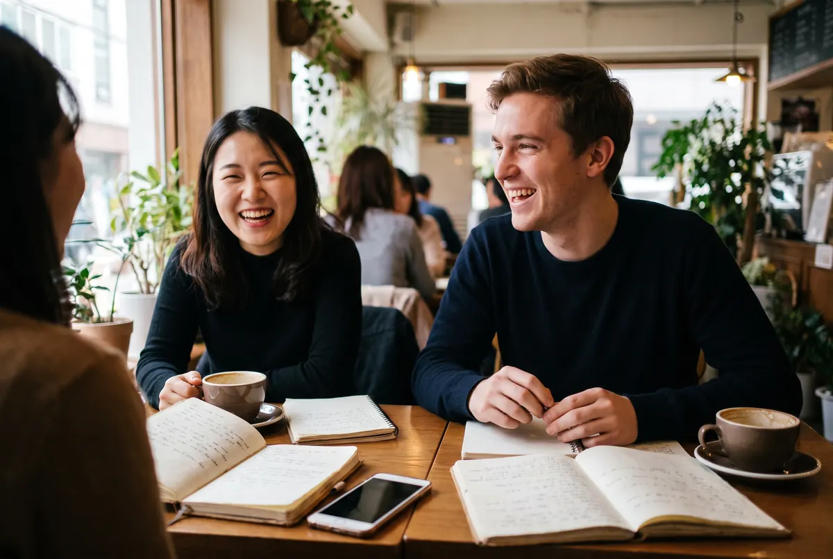 Two people practising languages over coffee at a café