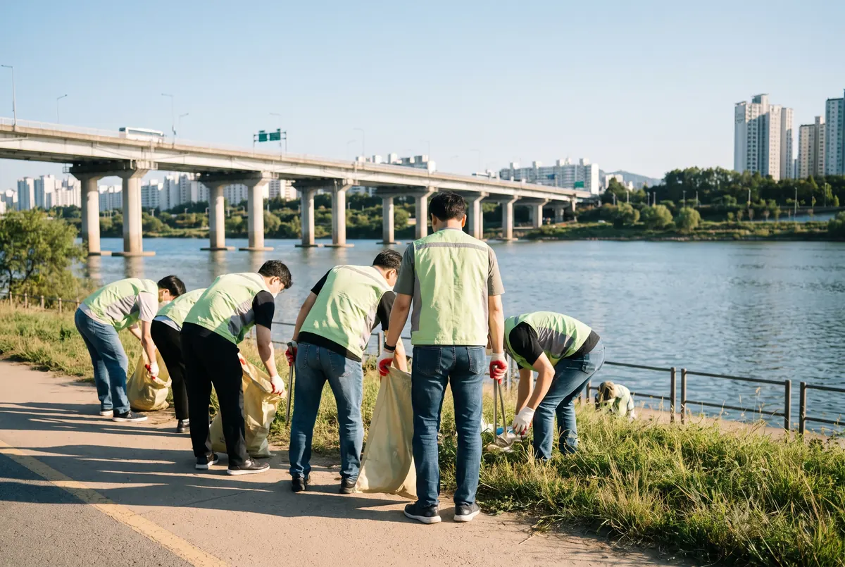 Volunteers in green vests cleaning up a Han River park in Seoul