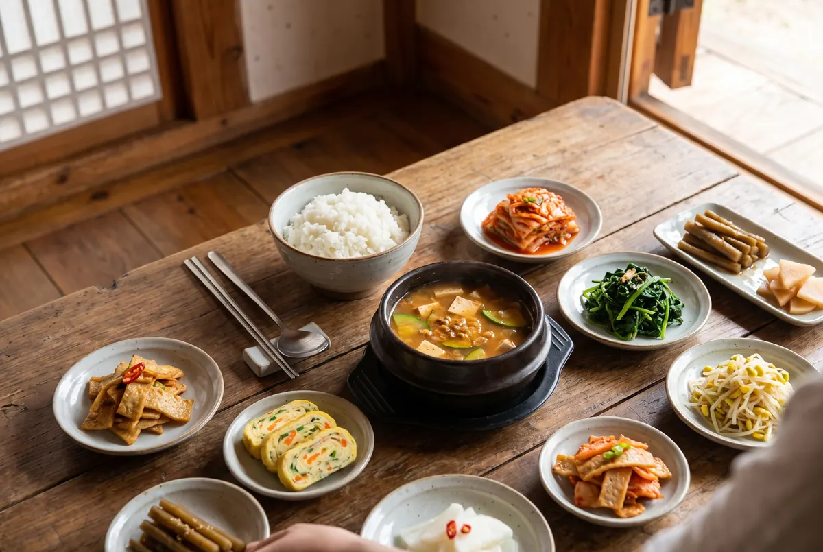 Korean home-style meal with rice, stew and many side dishes