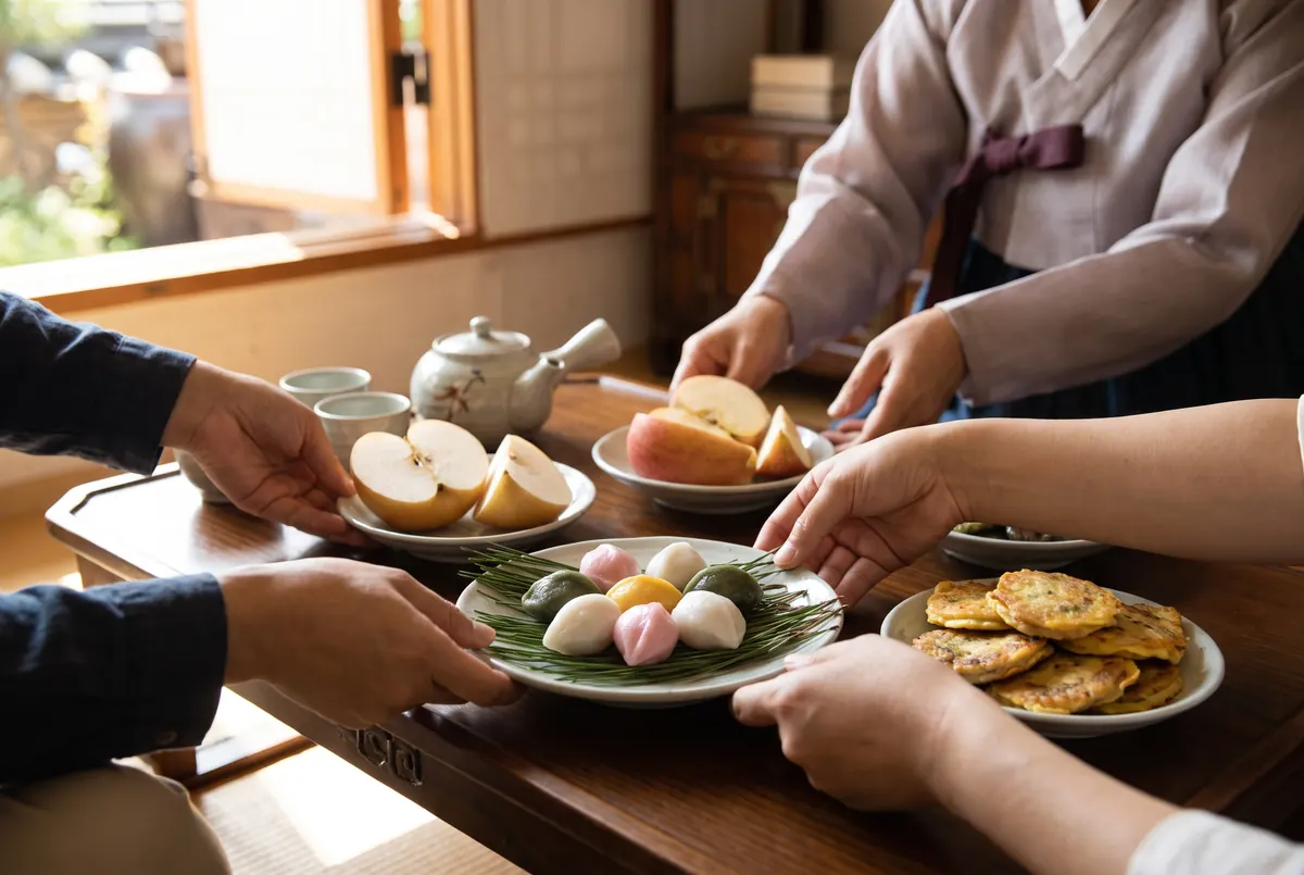 Chuseok holiday table with songpyeon rice cakes, fruit and jeon pancakes