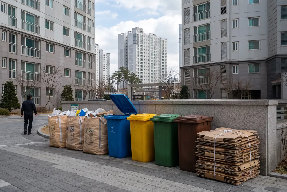 Sorted recycling bins for plastic, cans, glass and paper at a Korean apartment complex