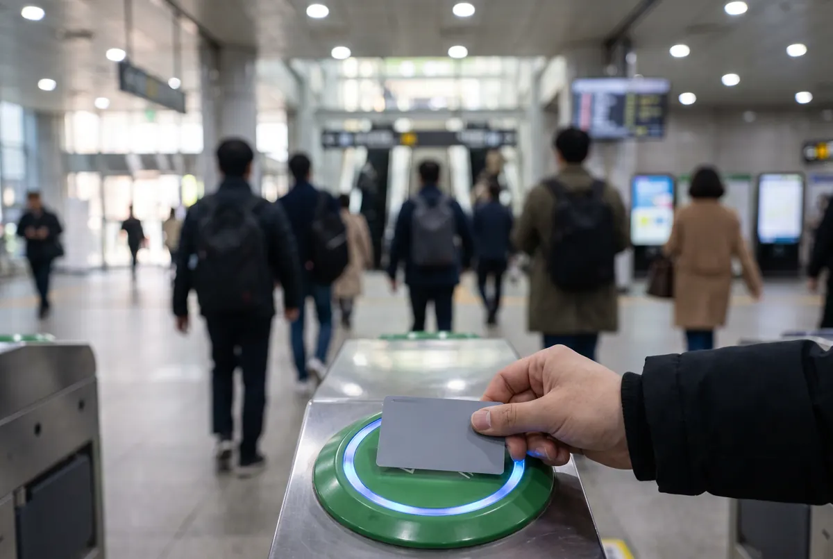 Tapping a transit card at a Seoul subway fare gate