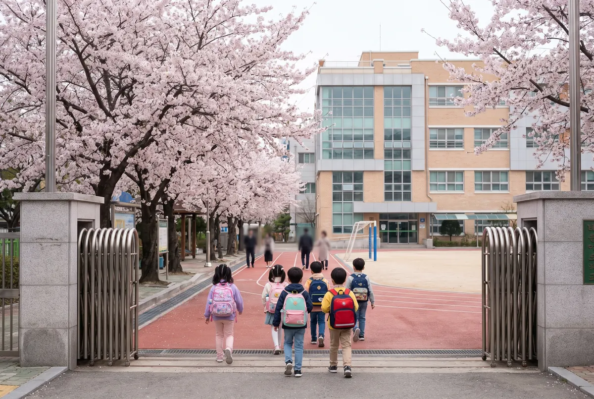 Children walking through the gate of a Korean elementary school under cherry blossoms