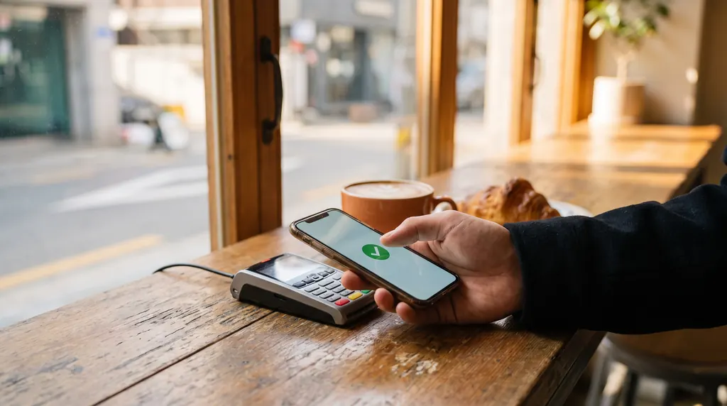Paying by smartphone at a café card terminal in Seoul