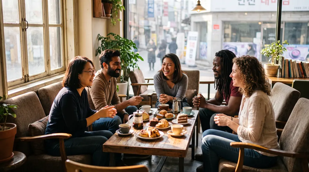 Friends from different countries chatting over coffee in a Seoul café