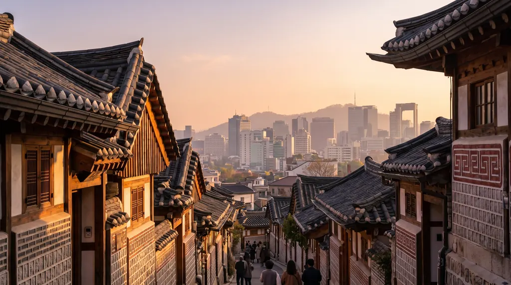 Tiled hanok rooftops in Bukchon Hanok Village with the Seoul skyline behind