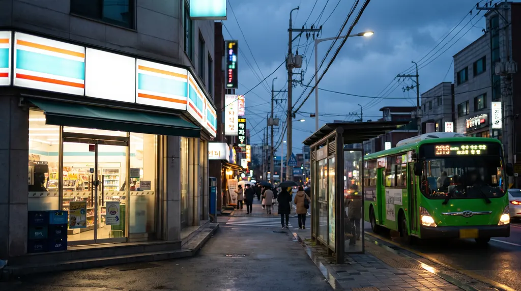 Seoul neighbourhood street at dusk with a convenience store and a green city bus