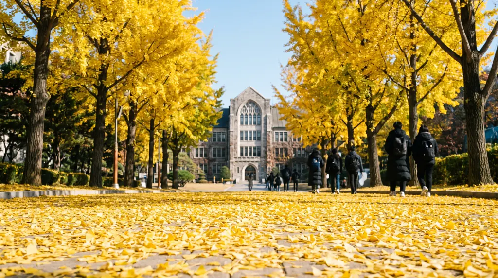 Autumn ginkgo trees lining a walkway on a Seoul university campus
