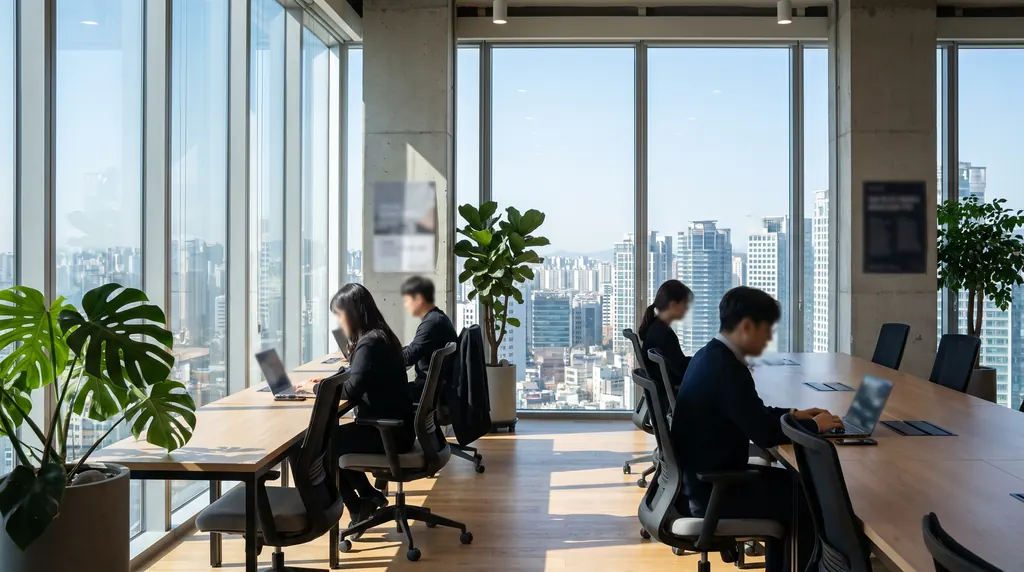 Professionals working in a modern Seoul office overlooking the Gangnam skyline