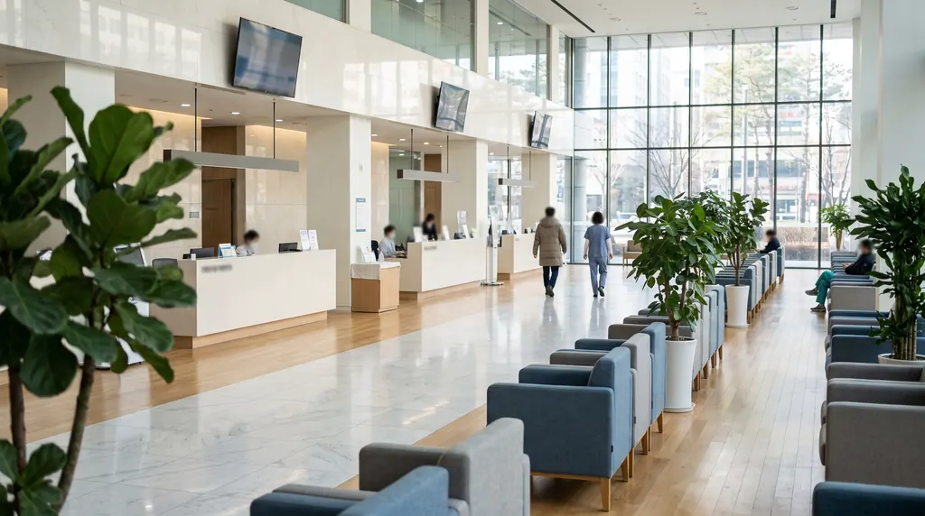 Bright reception and waiting area in a modern Korean hospital lobby