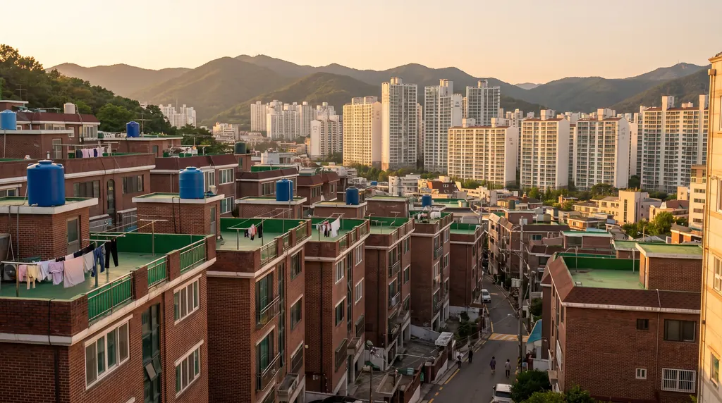 Red-brick villa buildings with rooftop water tanks and high-rise apartments on a Seoul hillside