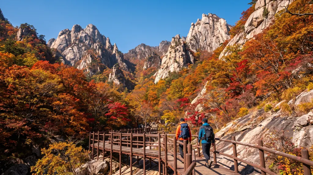Hikers on a wooden trail in Seoraksan National Park during the autumn foliage season