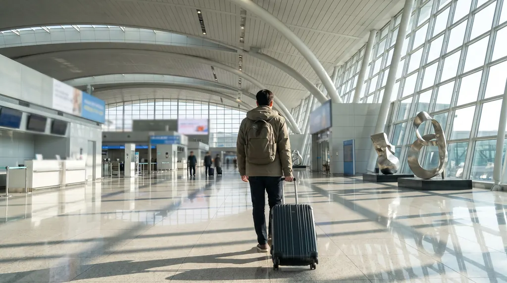 Traveller with a suitcase walking through a bright airport arrivals hall in South Korea