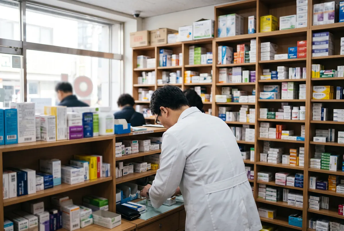 Pharmacist at the counter of a neighbourhood pharmacy in Korea