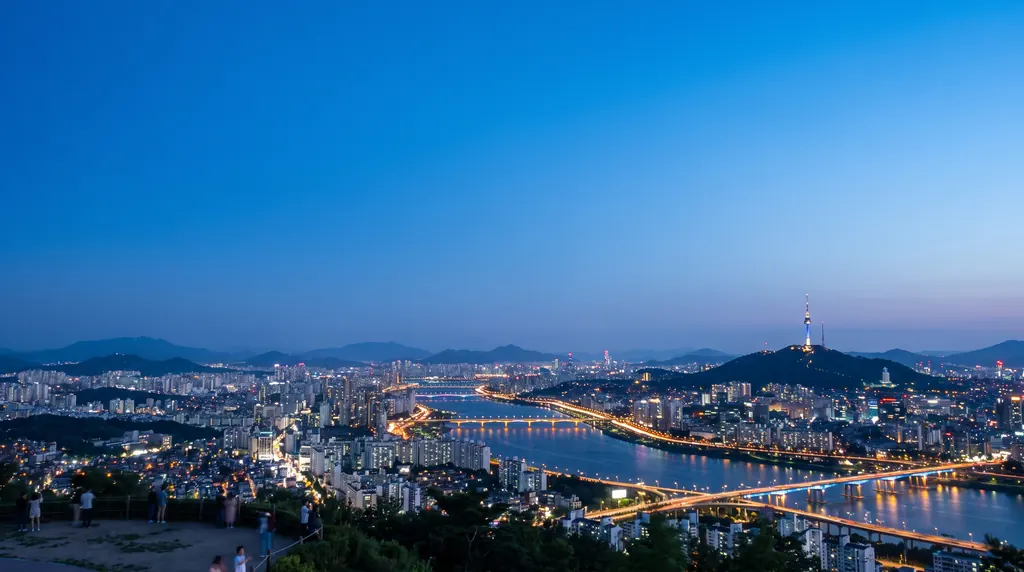 Seoul at dusk with the Han River, city lights and N Seoul Tower on Namsan
