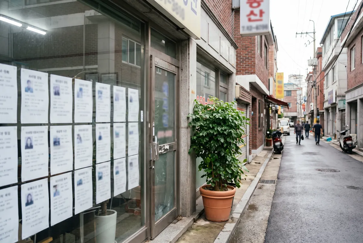 Real estate agency storefront in Seoul with property listings in the windows