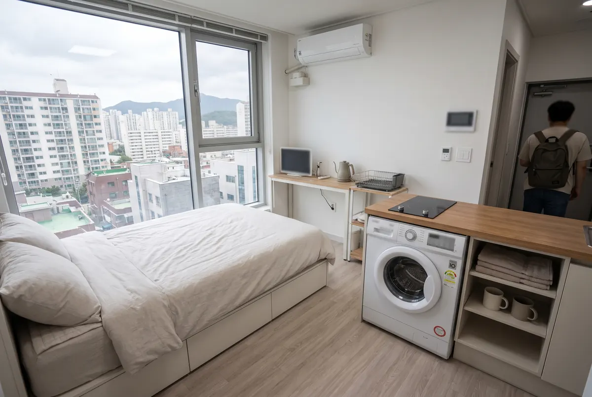 Compact one-room studio apartment in Seoul with a bed, kitchenette and washing machine