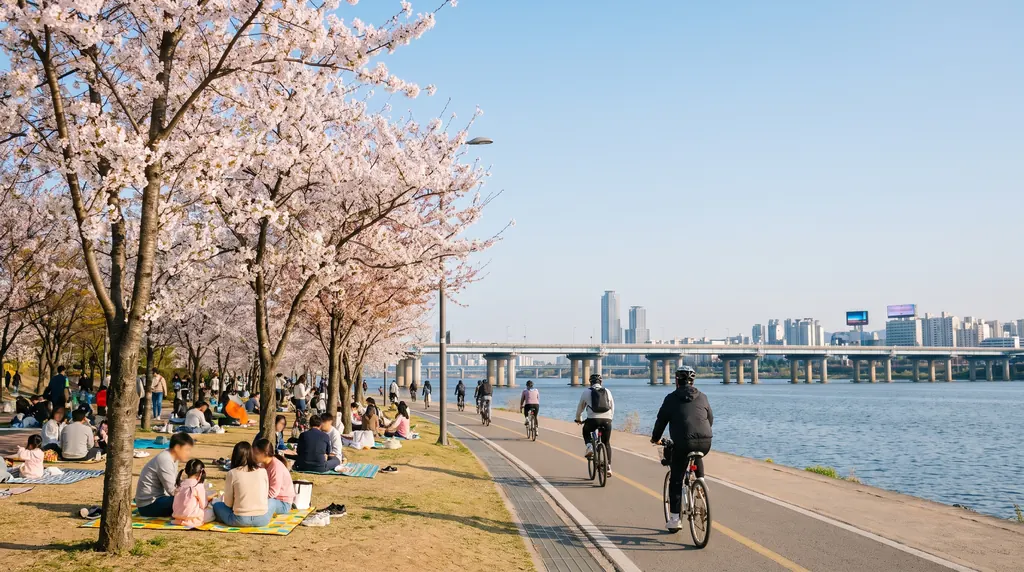 People picnicking and cycling under cherry blossoms in a Han River park in Seoul