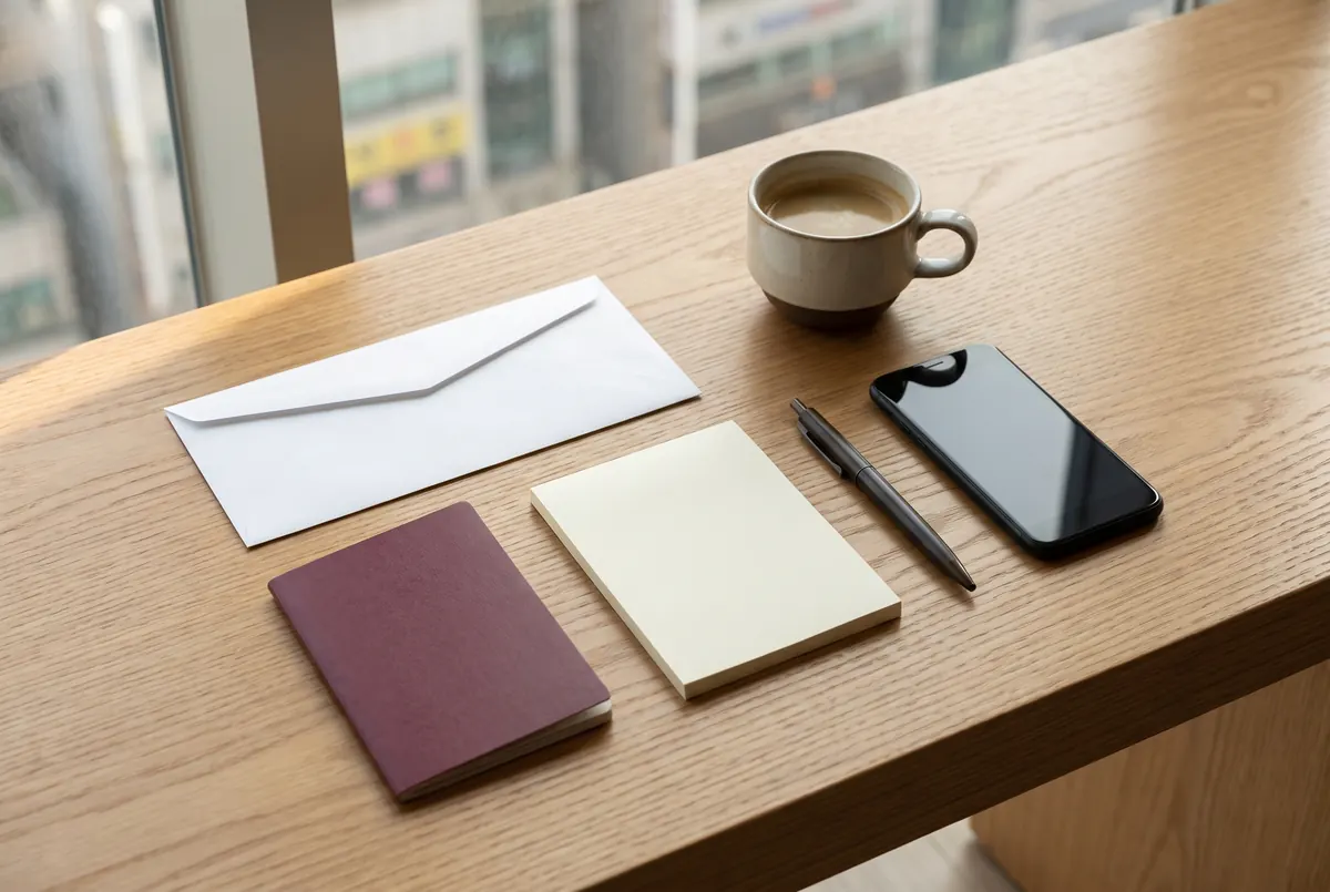 Passport, envelope, pen and phone laid out on a desk before an immigration appointment
