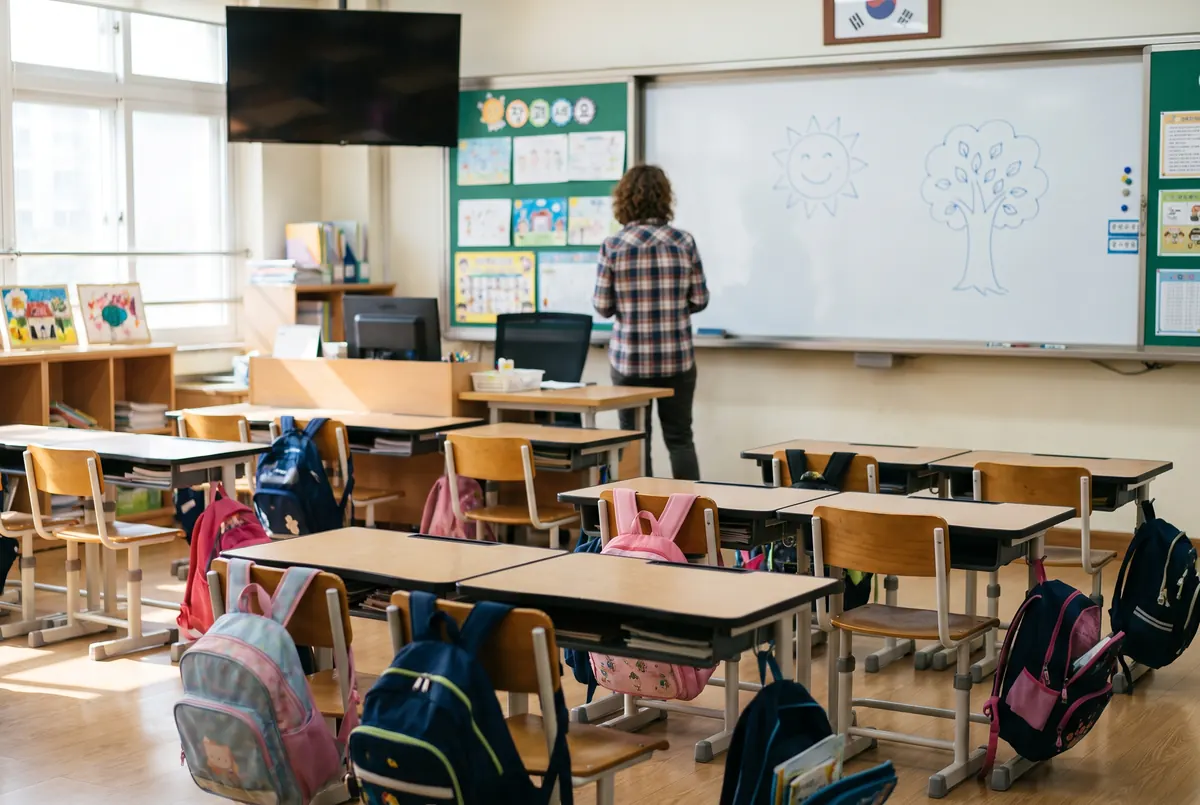 Foreign teacher at the whiteboard of a bright Korean elementary school classroom
