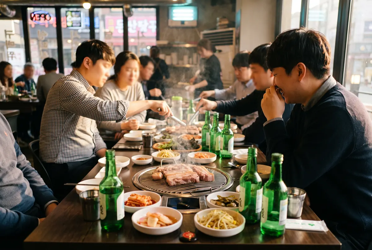 Coworkers sharing Korean barbecue at a team dinner